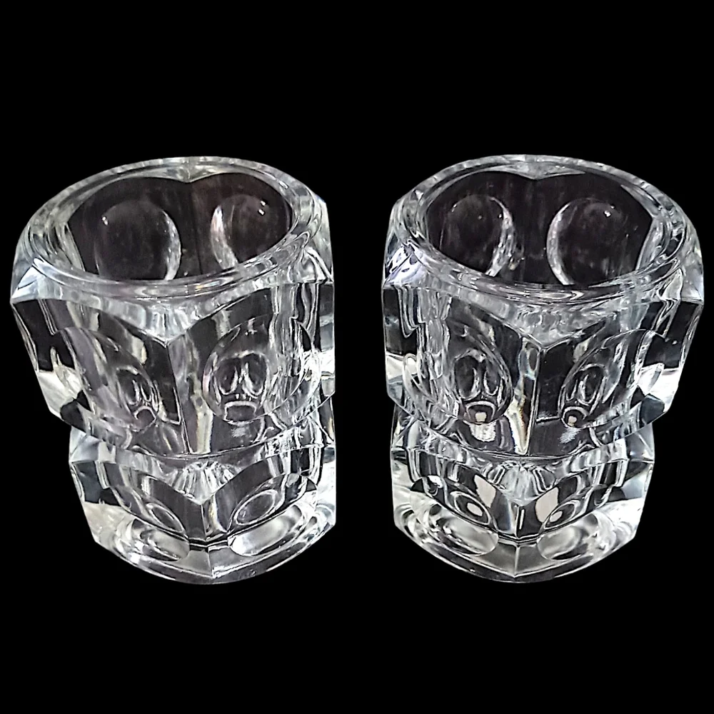 2 Vtg Modernist Crystal Candle Holders Block Cube Bohemia Glass Cubist Icy Clear